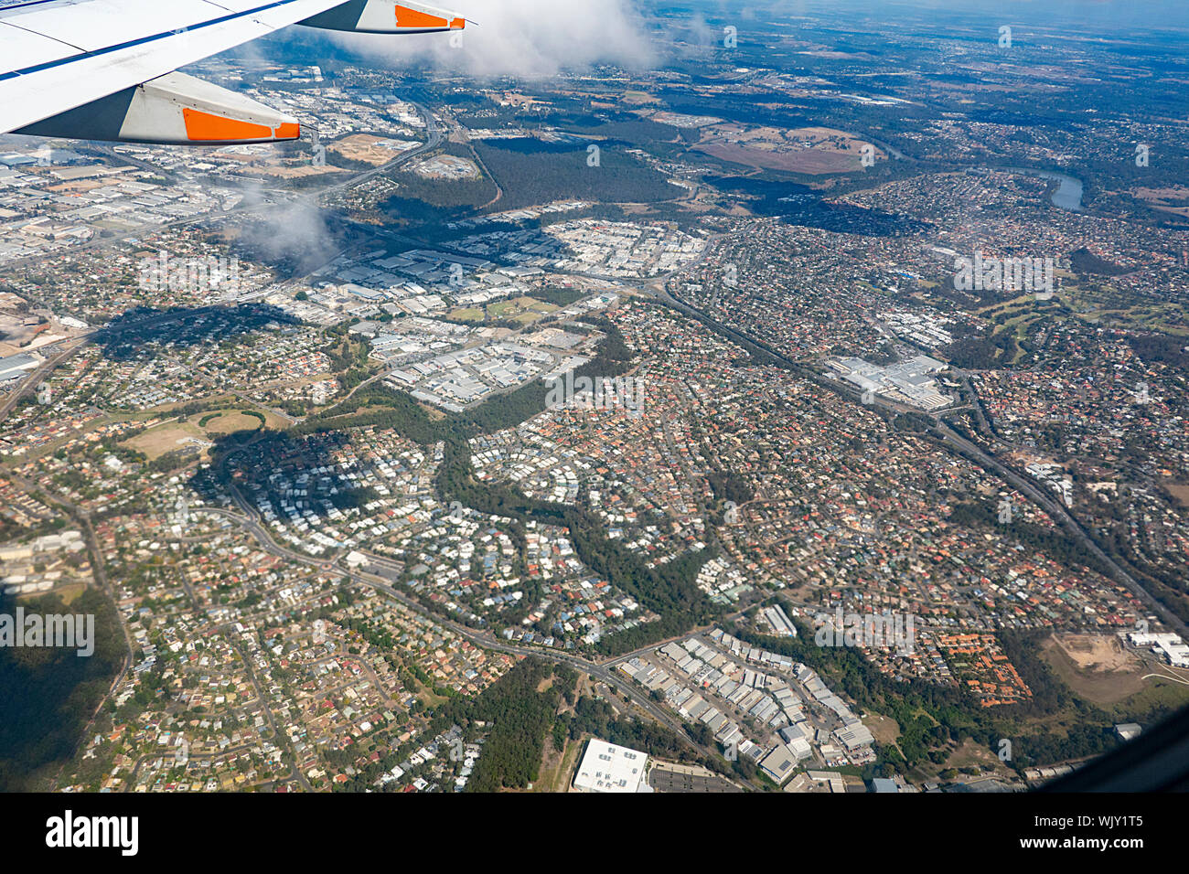 Aerial view of the suburbs of the city of Brisbane seen from a jumbo jet, Queensland, QLD, Australia Stock Photo