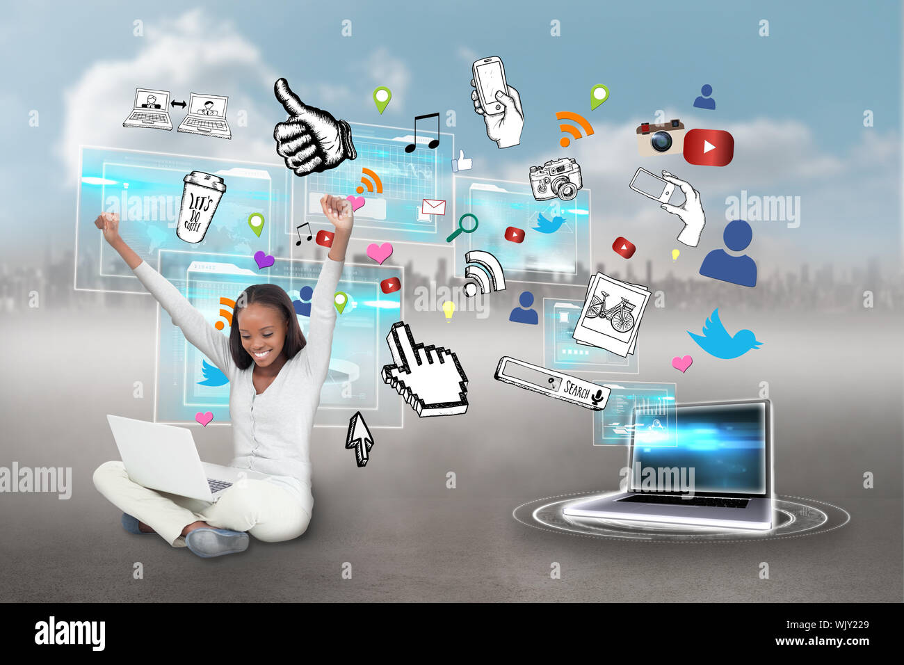 Digital composite of cheering girl using laptop with app icons Stock ...