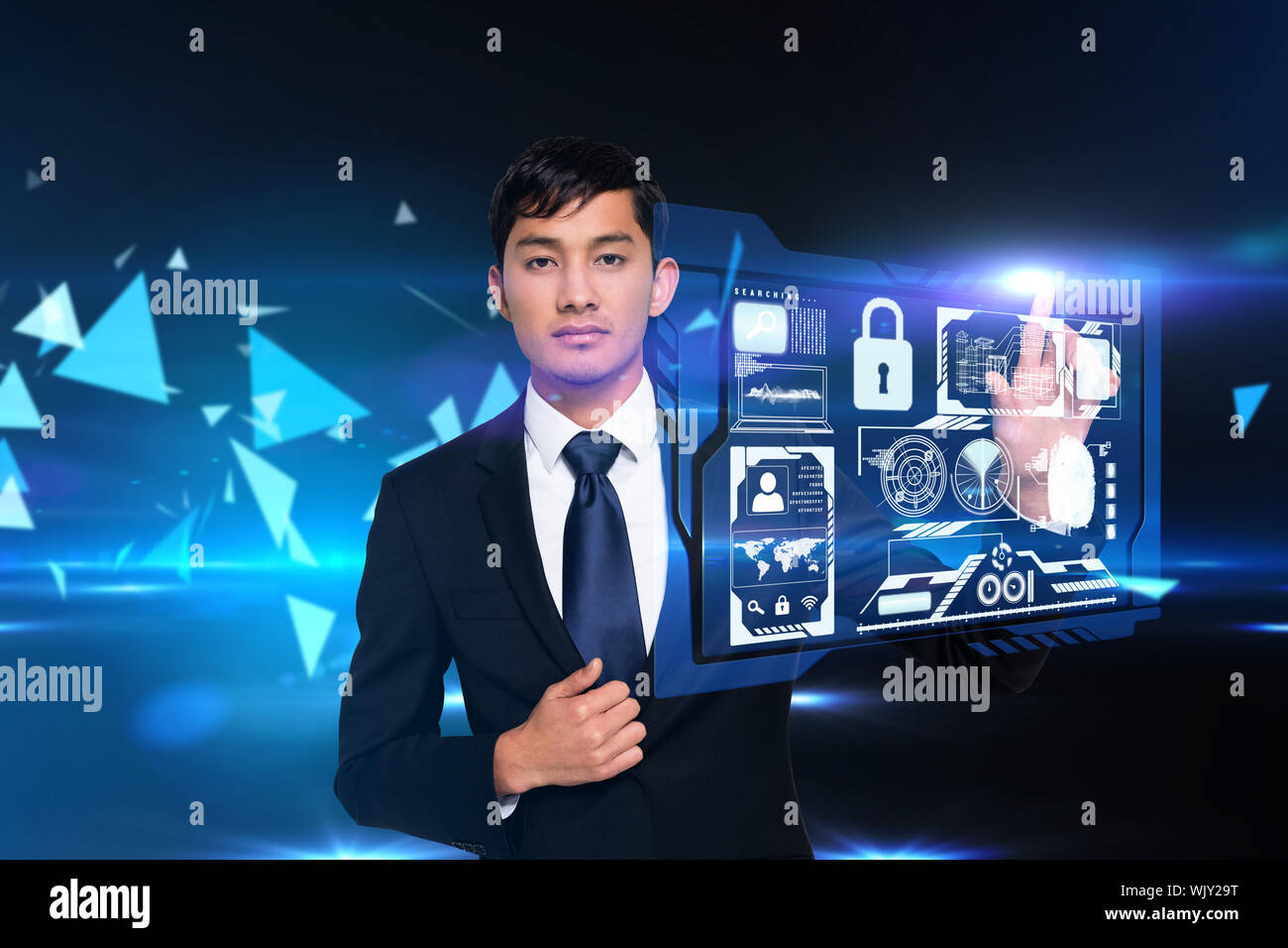 Digital composite of businessman touching security interface Stock Photo