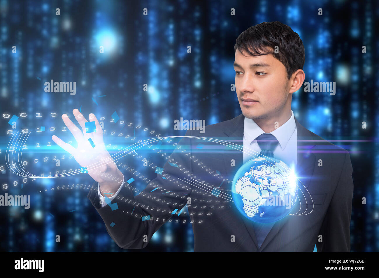 Digital composite of asian businessman touching binary code with earth Stock Photo