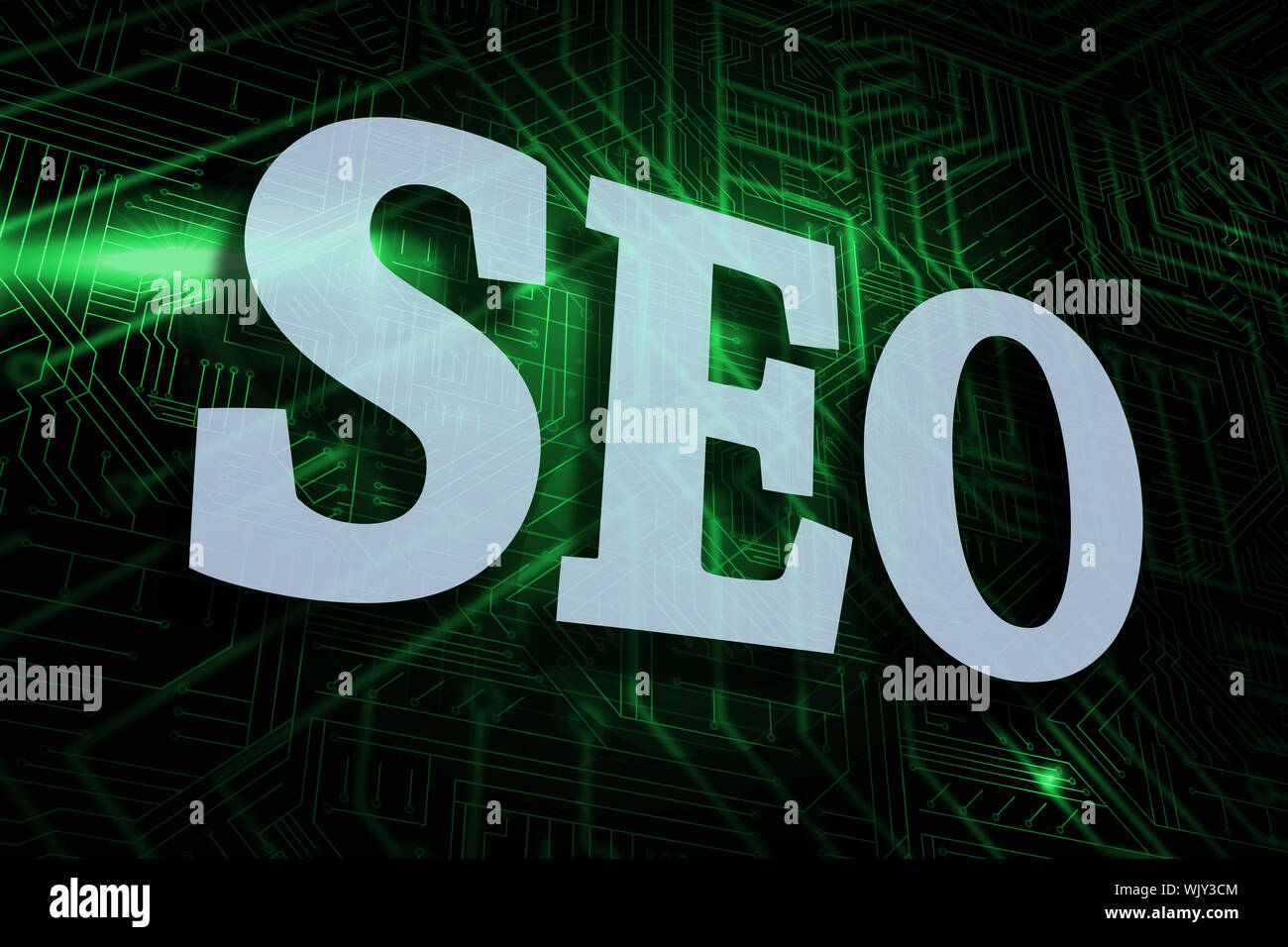 The word seo against green and black circuit board Stock Photo