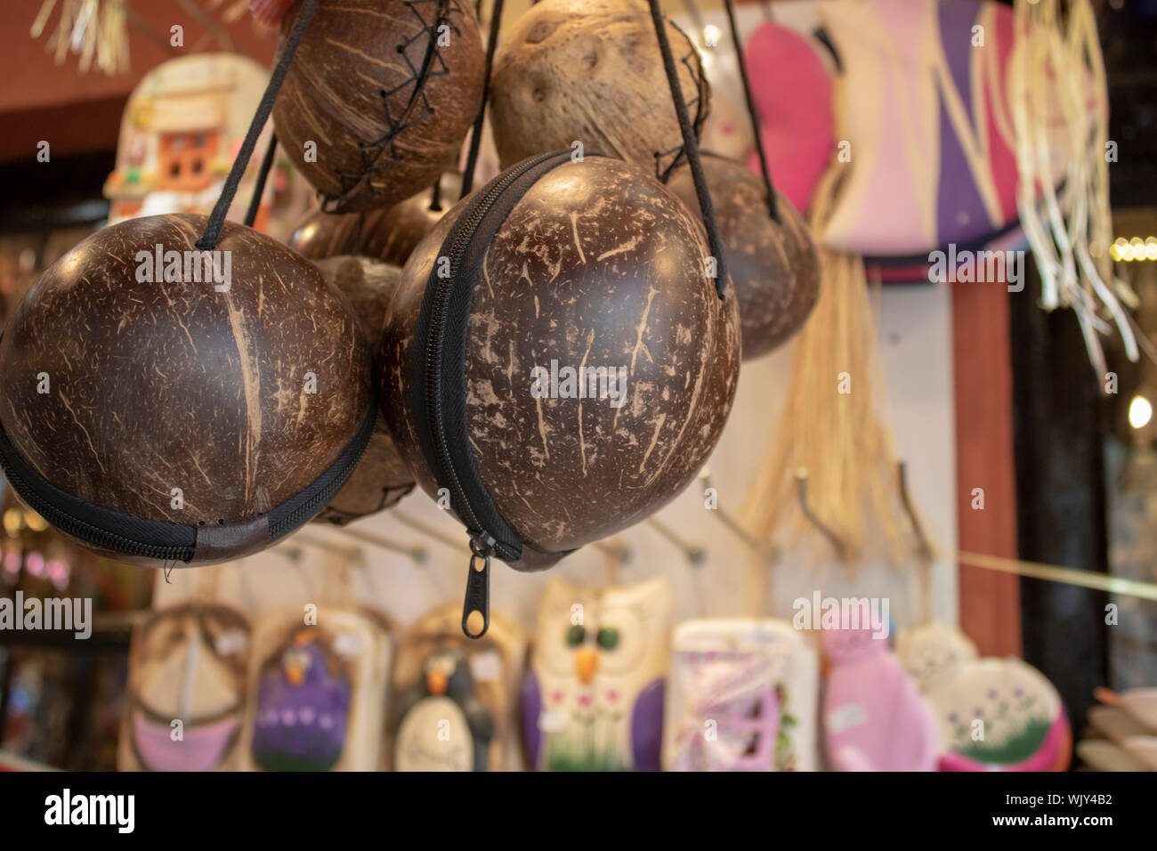 Bags made of coconut shell. Close-up. The souvenir shop was taken Stock