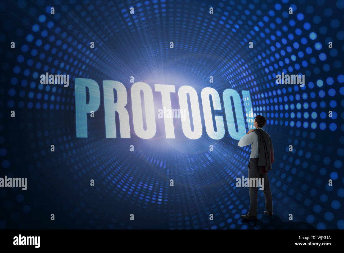 The word protocol and businessman holding his jacket against futuristic ...