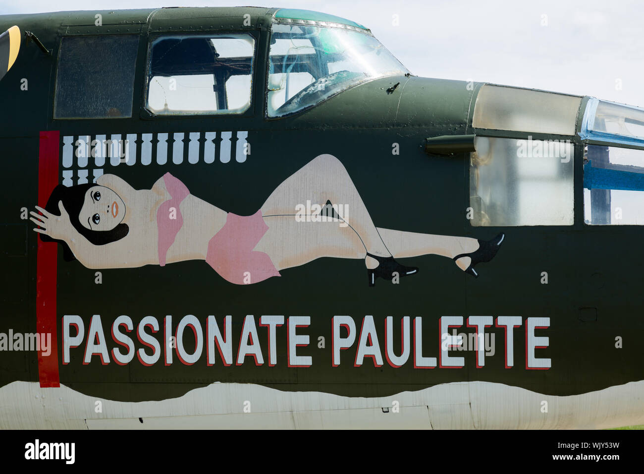 The B-25 bomber from the movie 'Catch-22,' known as Passionate Paulette, is on static display at the Grissom Air Museum in Bunker Hill, Indiana, USA. Stock Photo