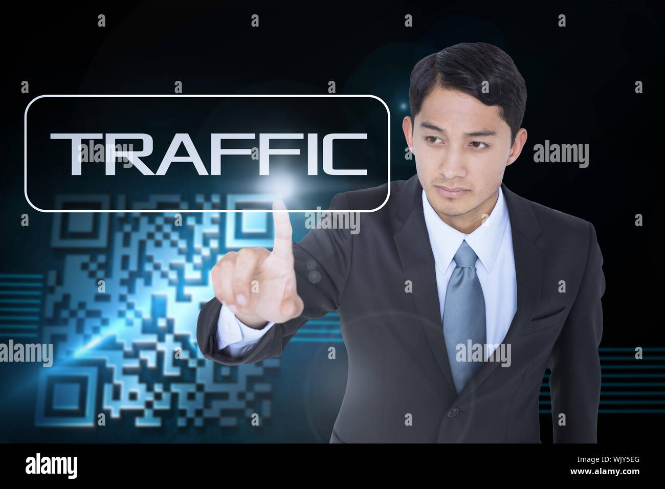 The word traffic and unsmiling asian businessman pointing against shiny barcode on black