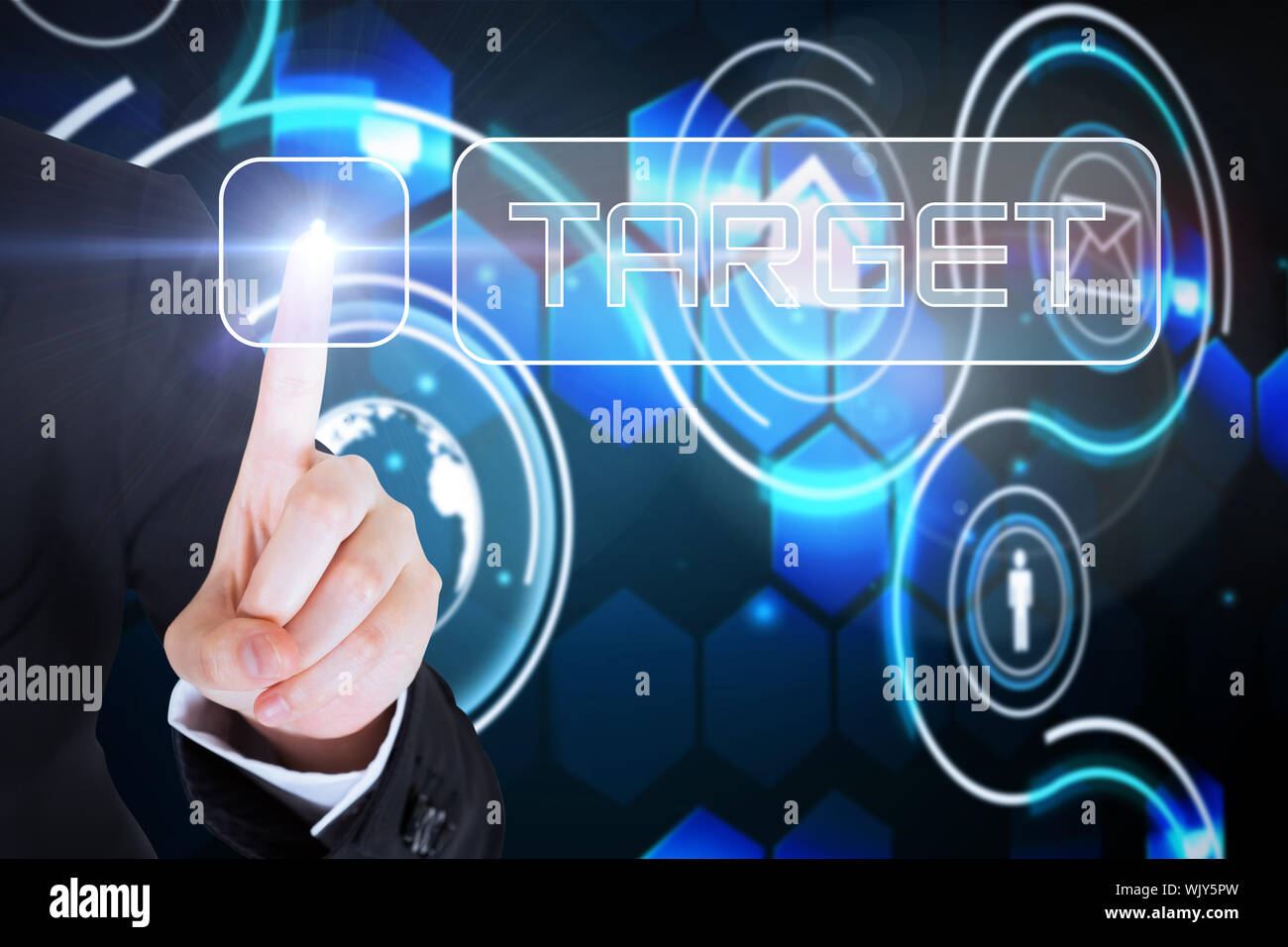 Businesswomans finger touching target button against futuristic technology interface Stock Photo