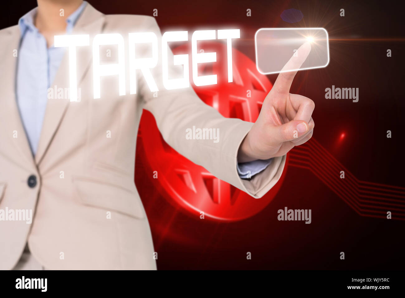 Businesswomans finger touching target button against shiny red globe on black background Stock Photo