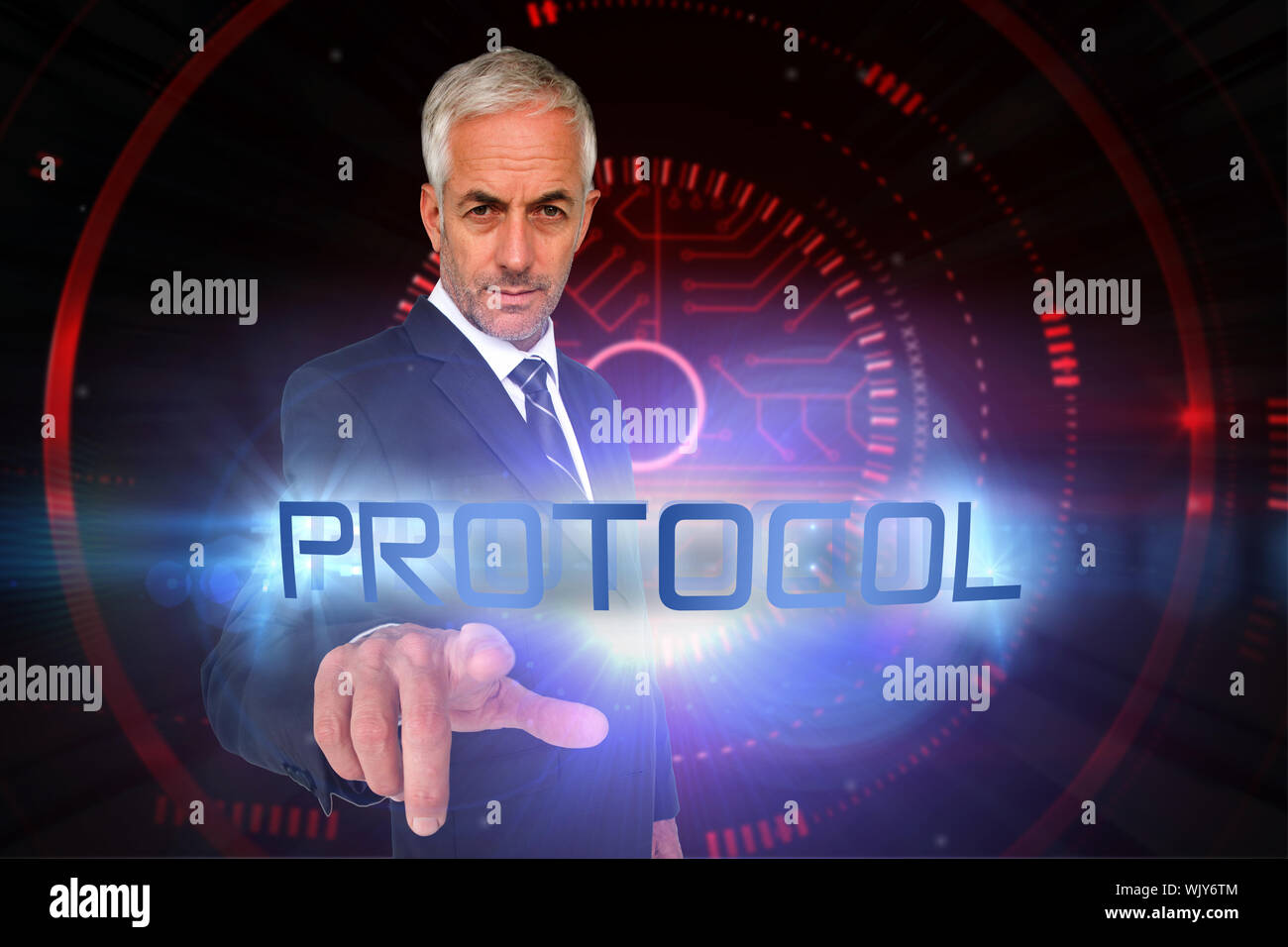 The word protocol and businessman pointing against shiny red circles on ...