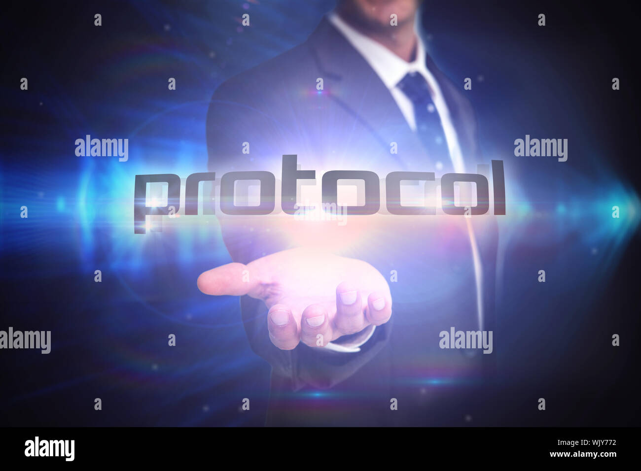 The word protocol and businessman presenting against shiny arrow lines ...