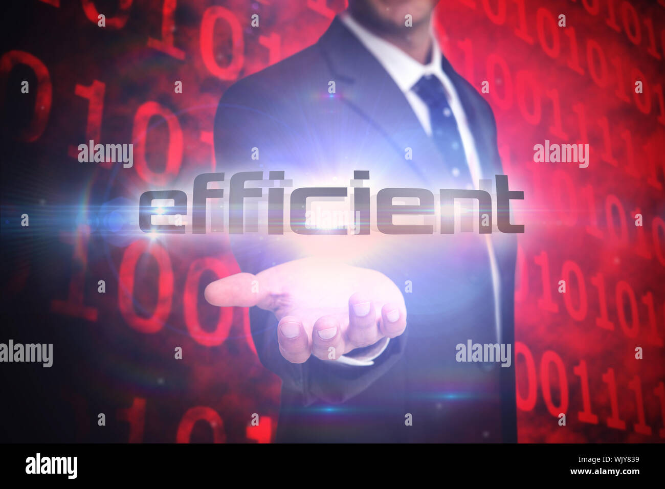 The word efficient and businessman presenting against shiny red binary code on black background Stock Photo