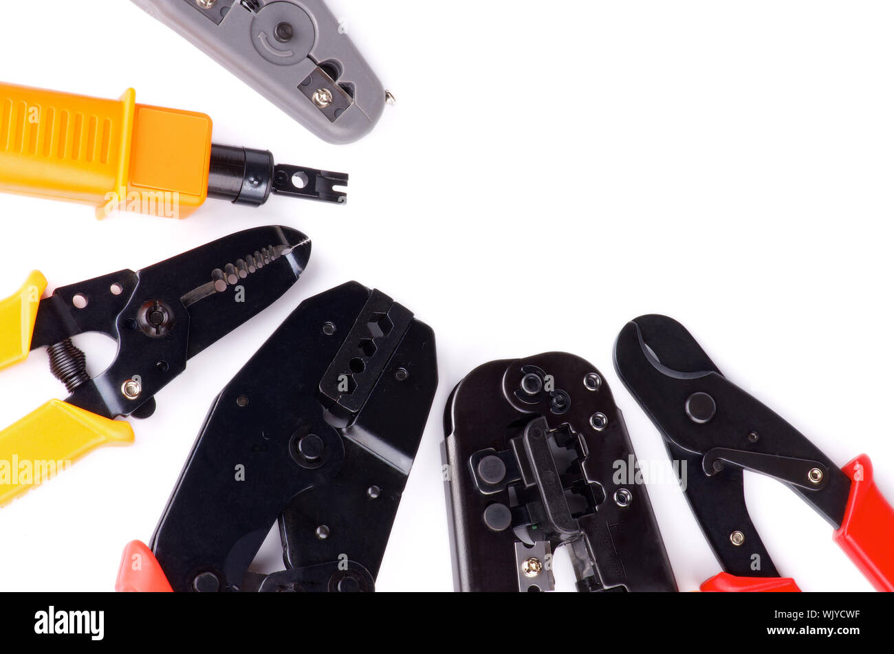 Arrangement of Crimp Tools to attaching Computer Network isolated on