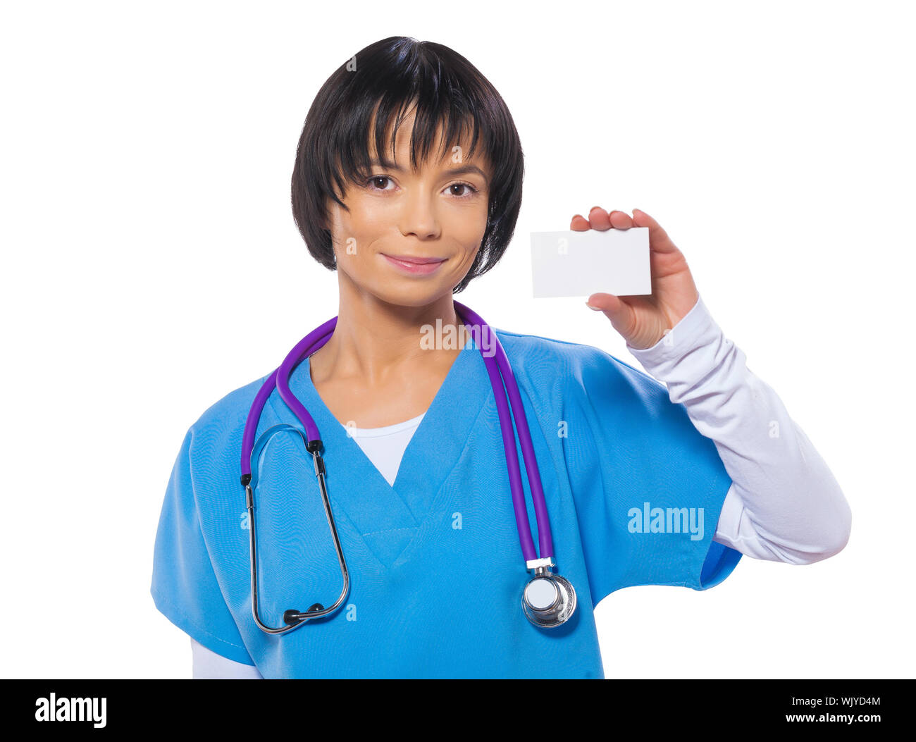 asian female doctor showing white card isolated Stock Photo Alamy