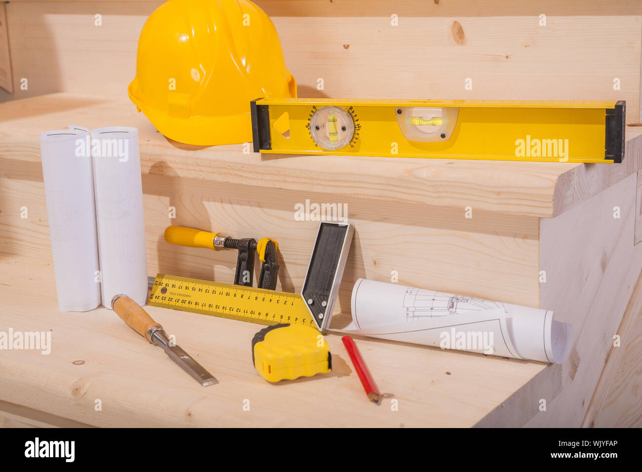 view on compositionf o working tools on wooden ladder Stock Photo