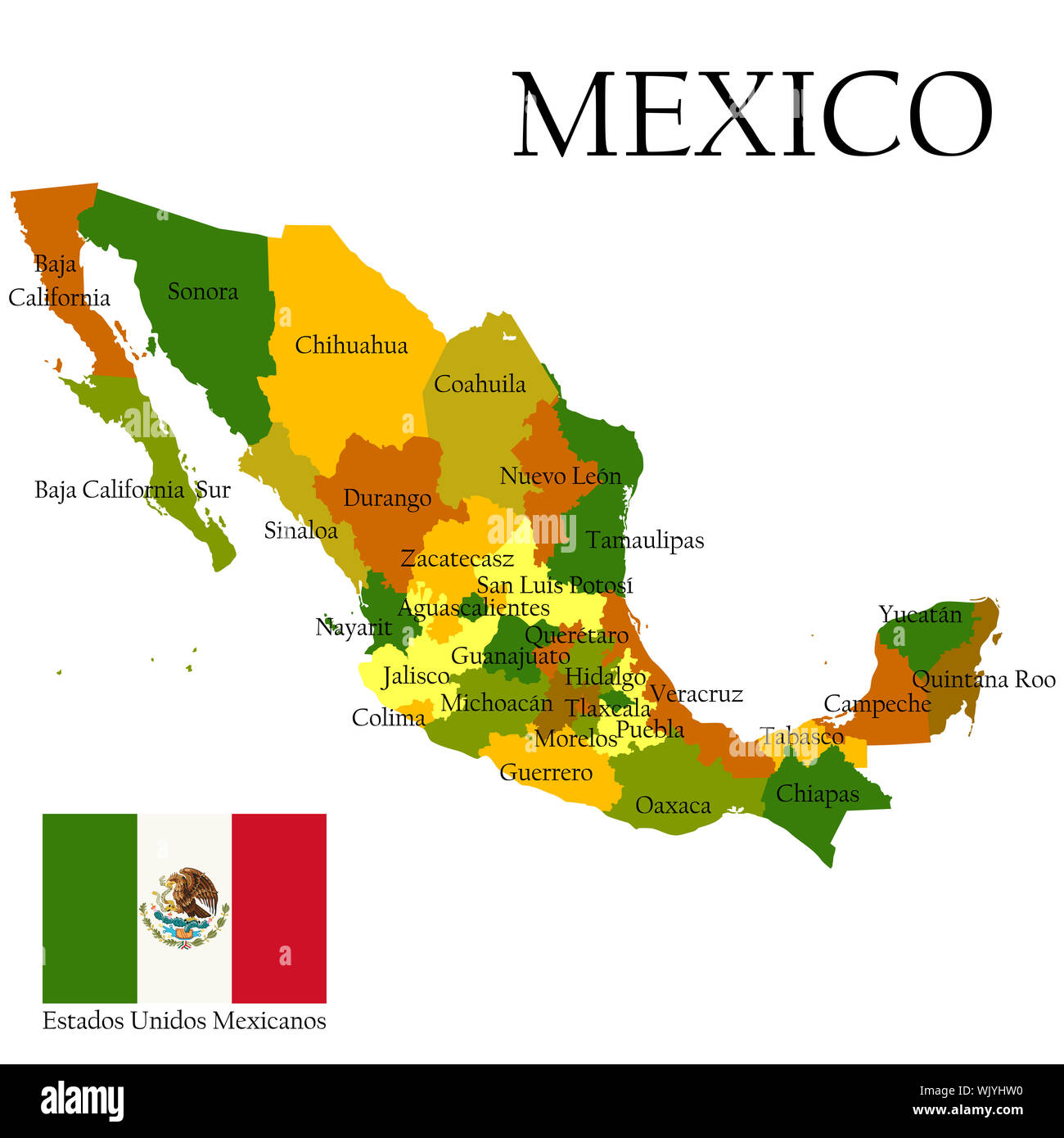 Mexico, United States of. Administrative map and flag. Stock Photo