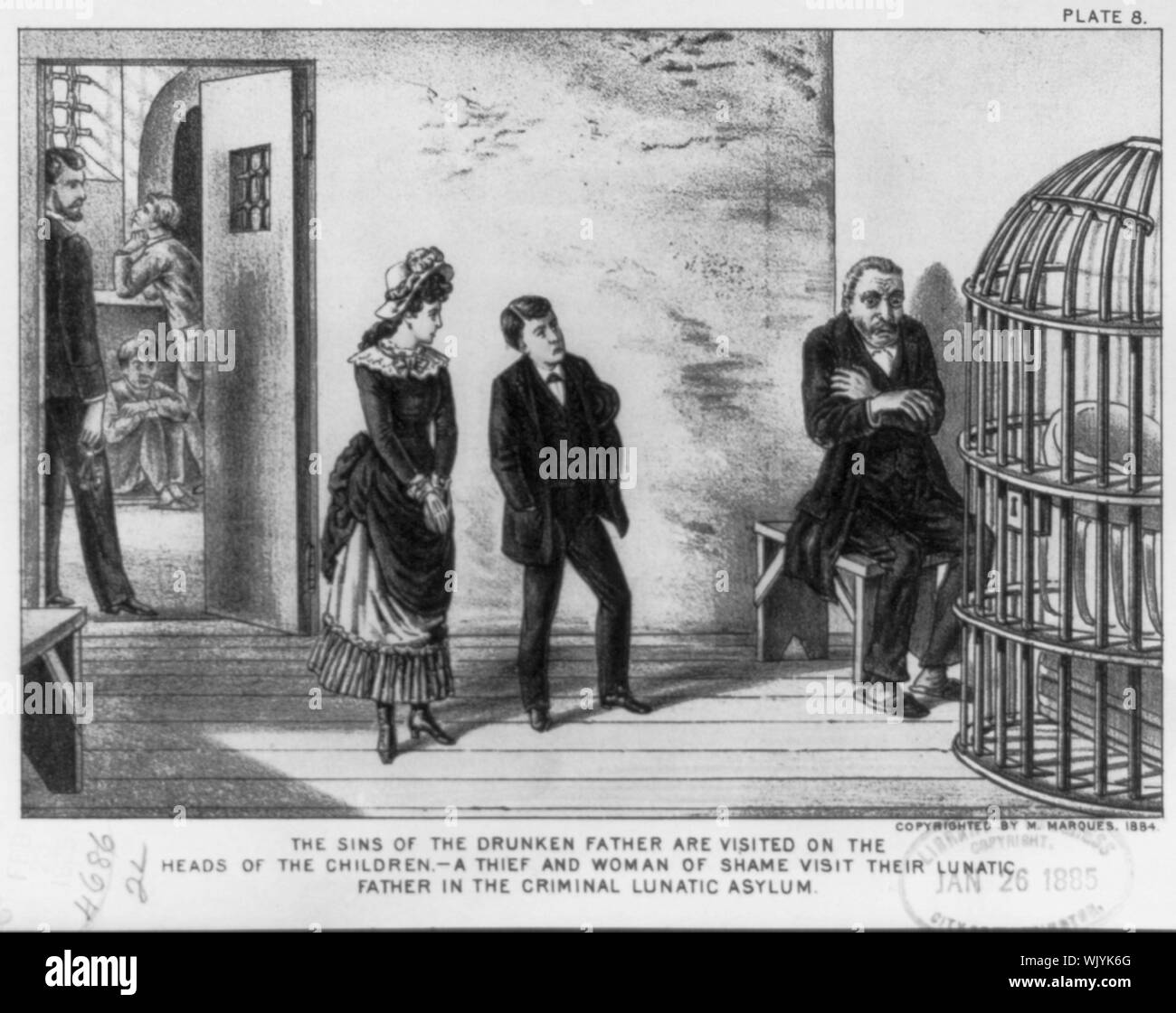 Illustration of the dangers of alcoholic beverages: The sins of the drunken father are visited on the heads of the children - a thief and woman of shame visit their lunatic father in the criminal lunatic asylum, pl. 8 Stock Photo