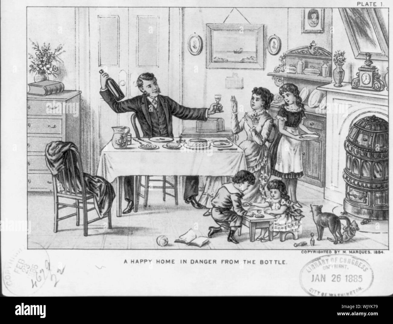 Illustration of the dangers of alcoholic beverages: A happy home in danger from the bottle, pl. 1 Stock Photo