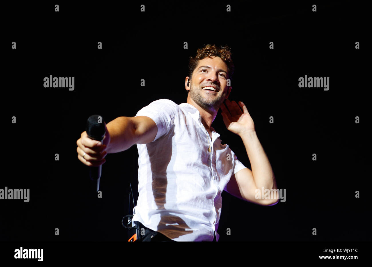 Calvia, Mallorca / Spain- August 31, 2019: Spanish singer David Bisbal performs live during his 2019 promotion tour near the village of Calvia in the Stock Photo