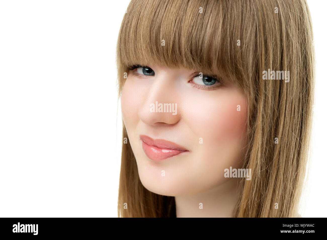 Face of blond woman with blue eyes isolated on white background Stock ...