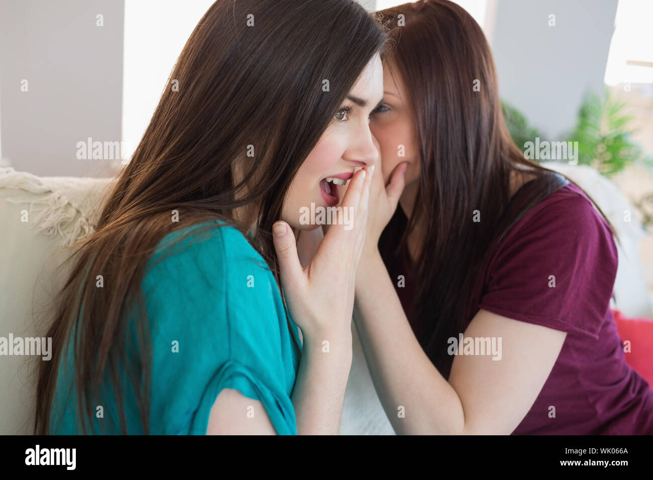 Brunette teen telling her surprised friend a secret Stock Photo
