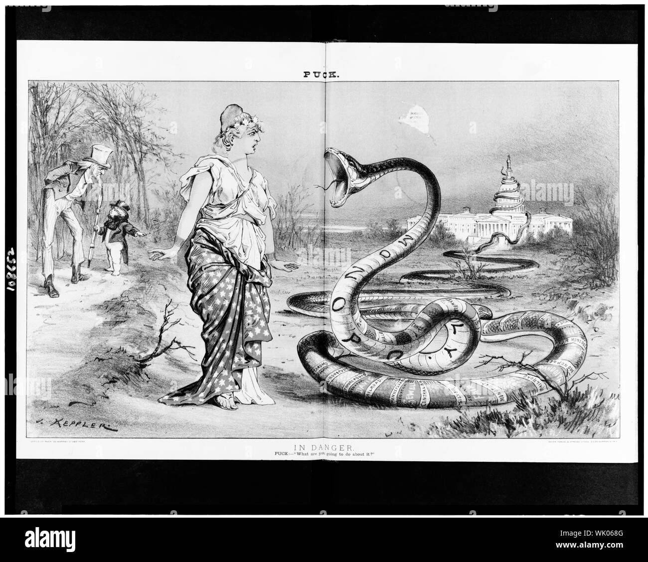In danger. Puck: What are you going to do about it? Abstract: Cartoon showing snake, representing monopolies involving senators, with tail wrapped around dome of the U.S. Capitol, facing personification of Liberty, and Puck asking Uncle Sam, What are you going to do about it? Stock Photo