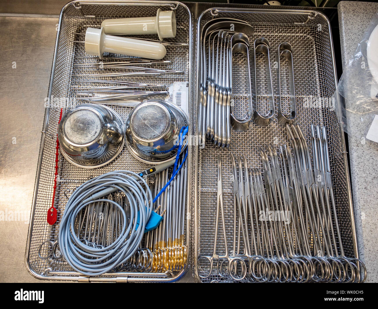 a single instrument tray contains various surgical instruments Stock