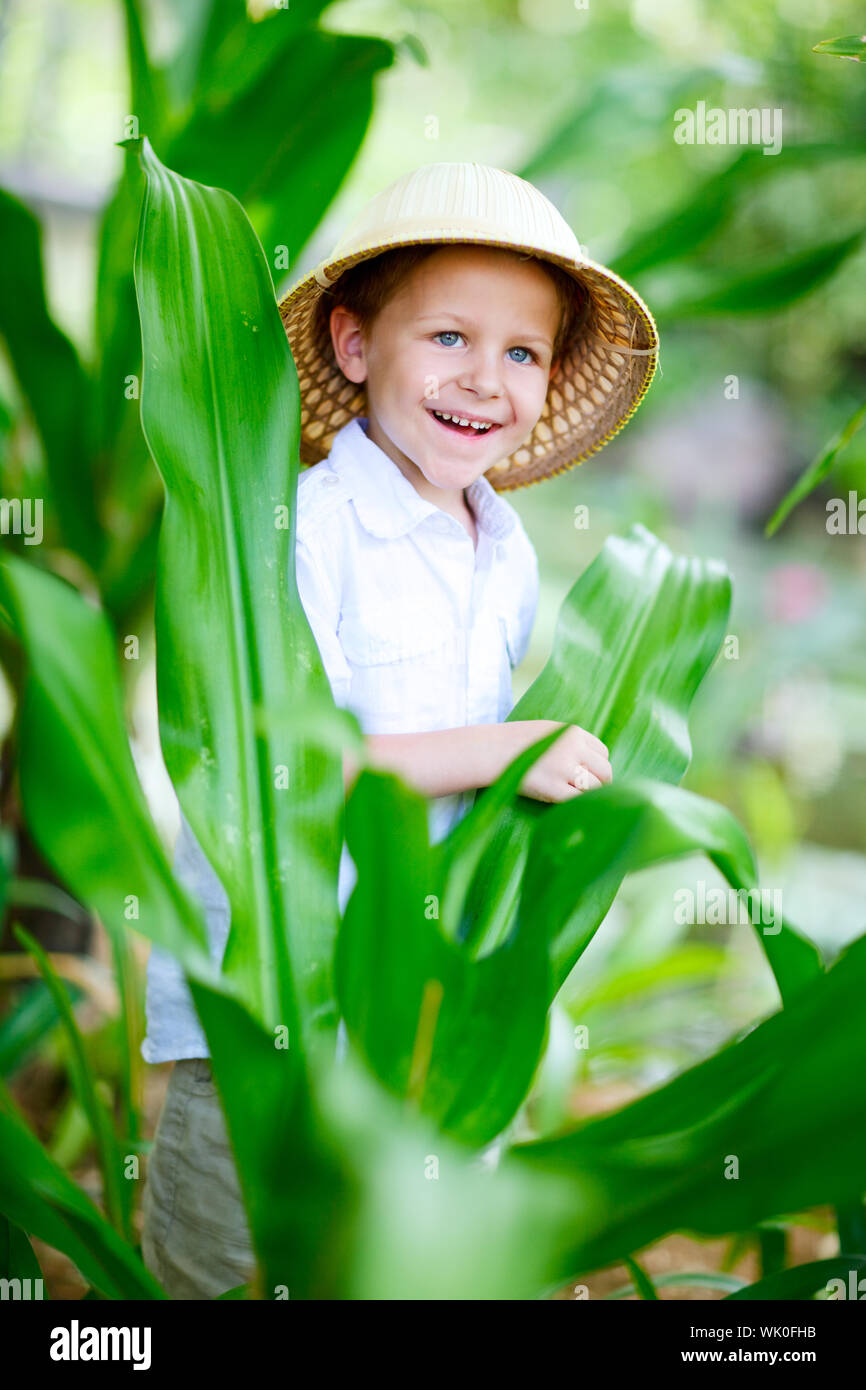 Portrait of cute small boy in safari hat Stock Photo Alamy