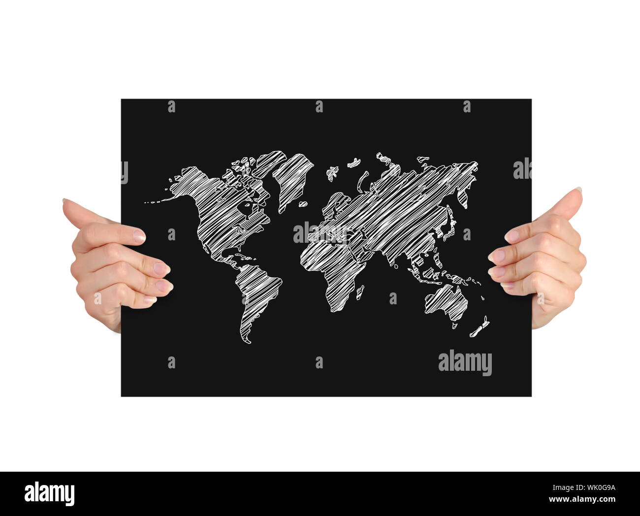 hands holding paper with drawing world map Stock Photo - Alamy