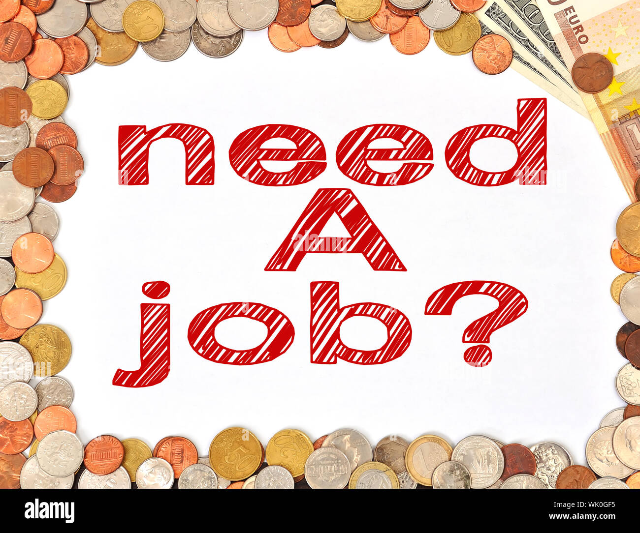 Paper with drawing need a job and money stock photo alamy