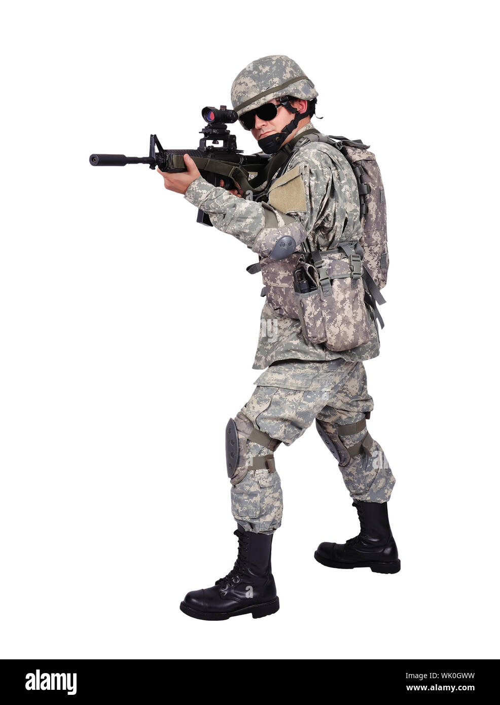 soldier with assault rifle on white background Stock Photo - Alamy