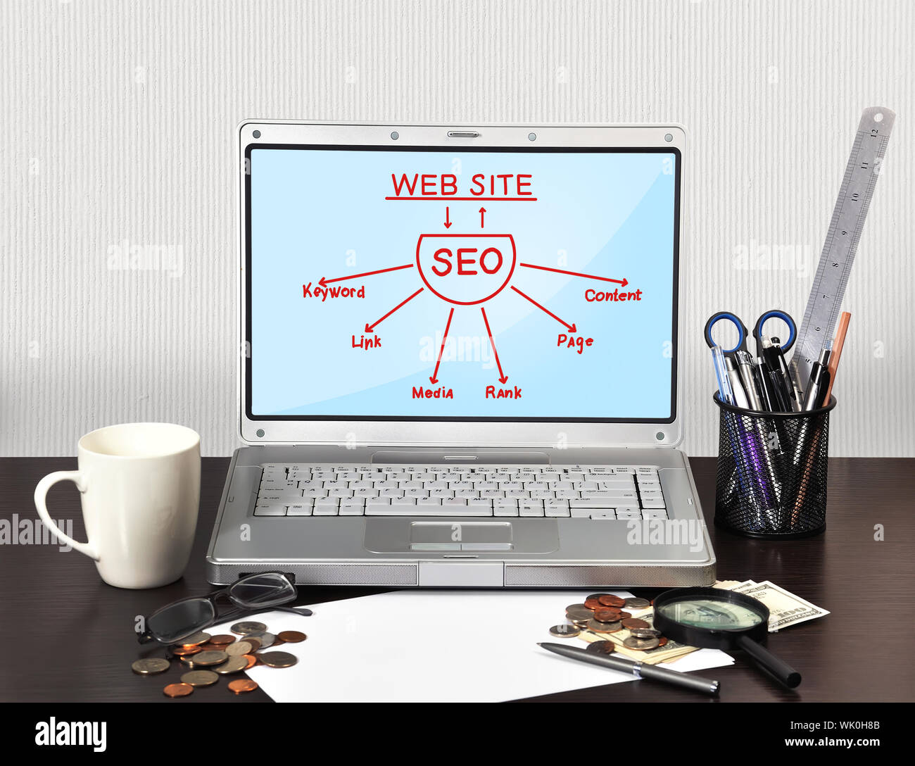 seo scheme on screen laptop in office, closeup Stock Photo