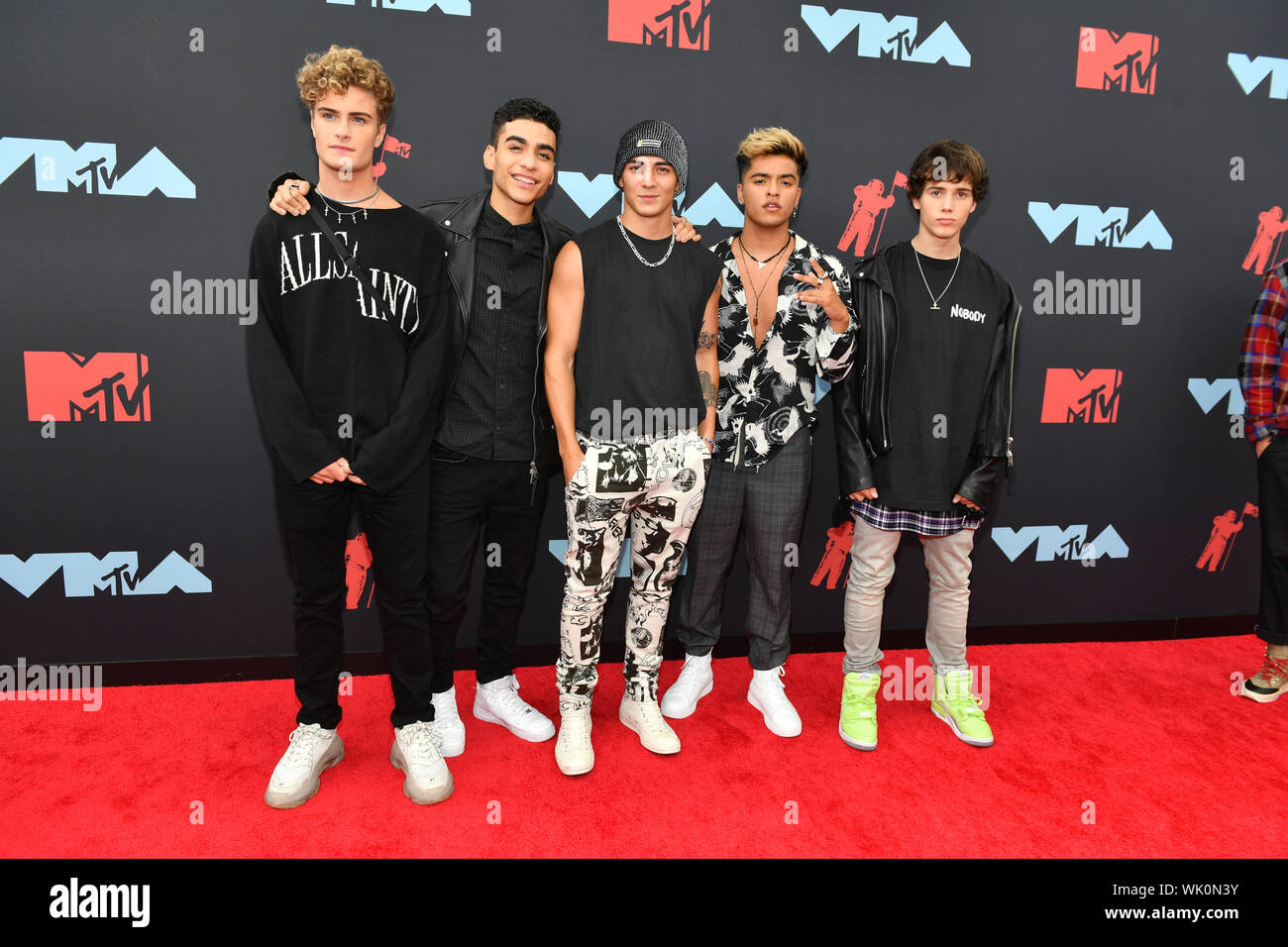 In Real Life - Brady Tutton, Chance Perez, Drew Ramos, Sergio Calderon, and Conor Smith attend the 2019 MTV Video Music Awards at Prudential Center on Stock Photo