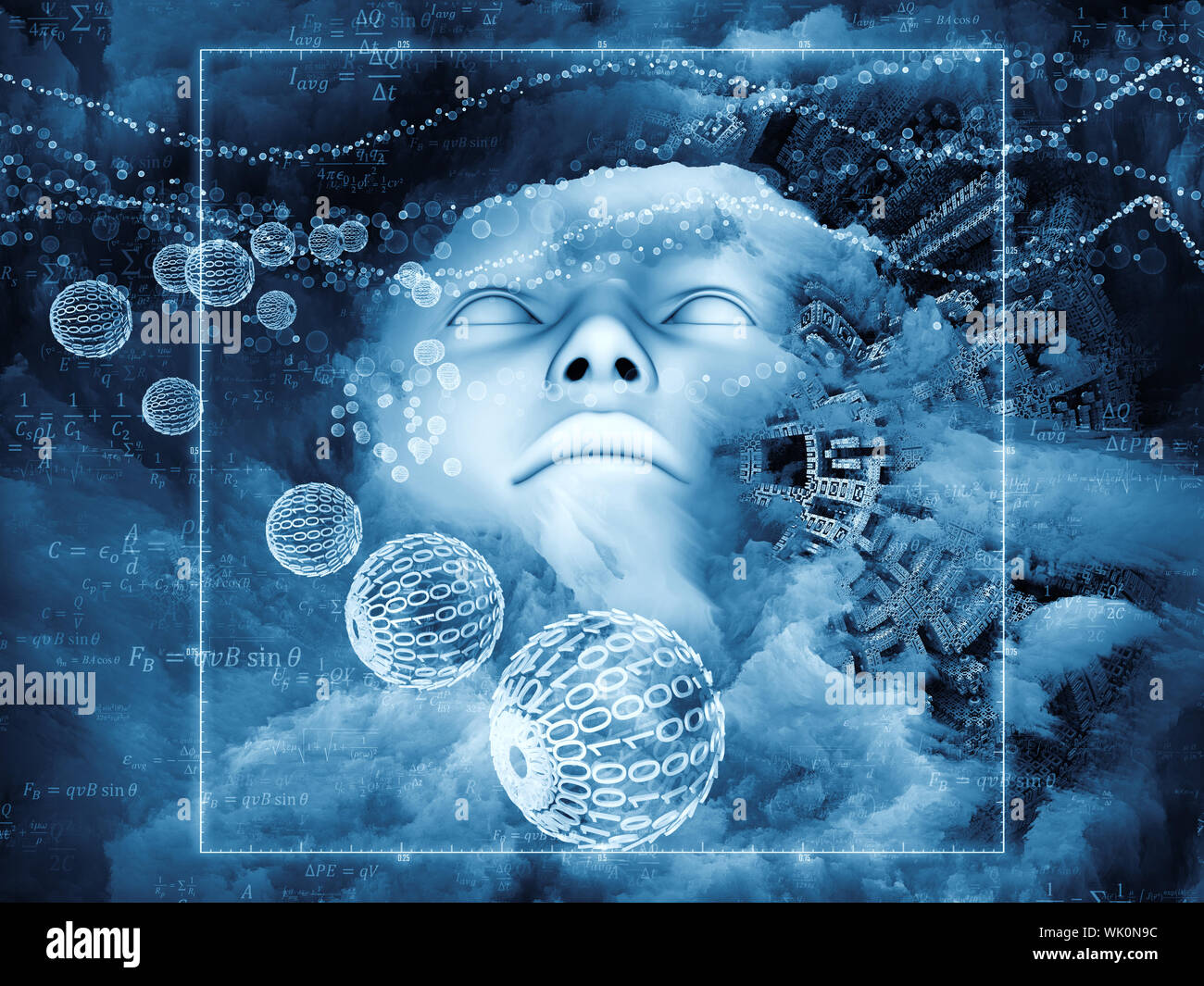 Beyond Human series. Composition of human, fractal and natural forms on the subject of inner reality, mental health, imagination, thinking and dreamin Stock Photo