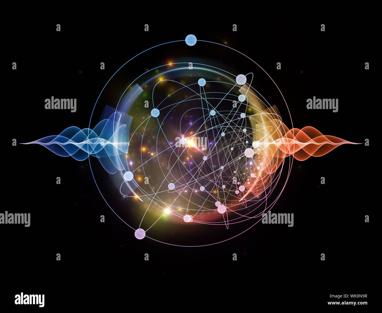 Abstract concept of atom and quantum waves illustrated with fractal ...