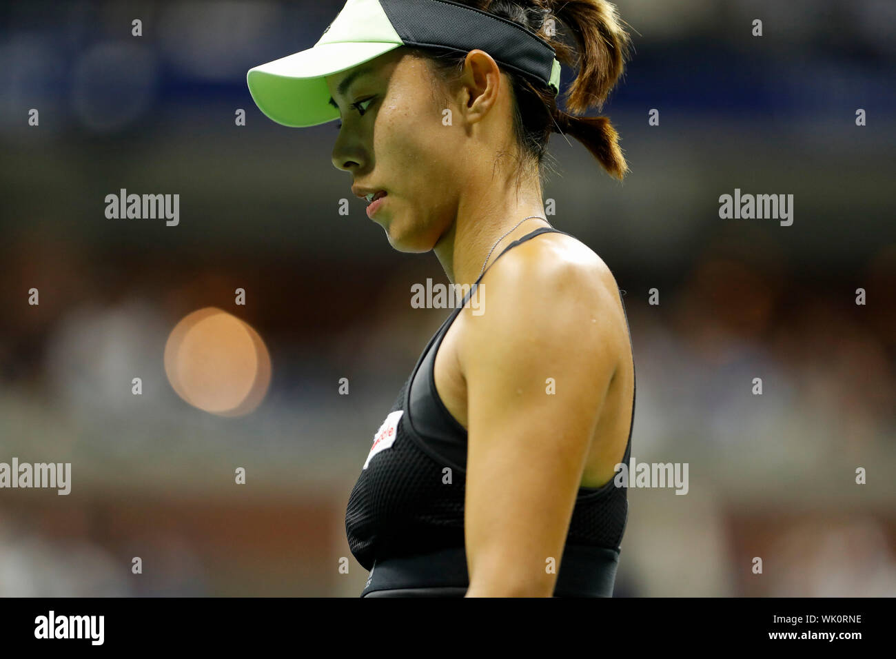 New York, USA. 3rd Sep, 2019. Wang Qiang reacts during the women's singles quarterfinal match between Wang Qiang of China and Serena Williams of the United States at the 2019 US Open in New York, the United States, Sept. 3, 2019. Credit: Li Muzi/Xinhua/Alamy Live News Stock Photo