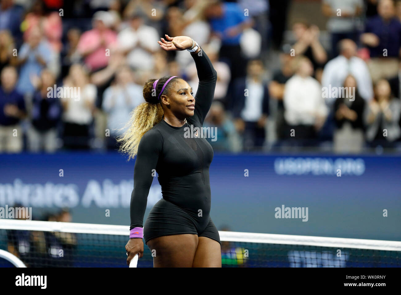 New York, USA. 3rd Sep, 2019. Serena Williams gestures to audience after women's singles quarterfinal match between Wang Qiang of China and Serena Williams of the United States at the 2019 US Open in New York, the United States, Sept. 3, 2019. Credit: Li Muzi/Xinhua/Alamy Live News Stock Photo