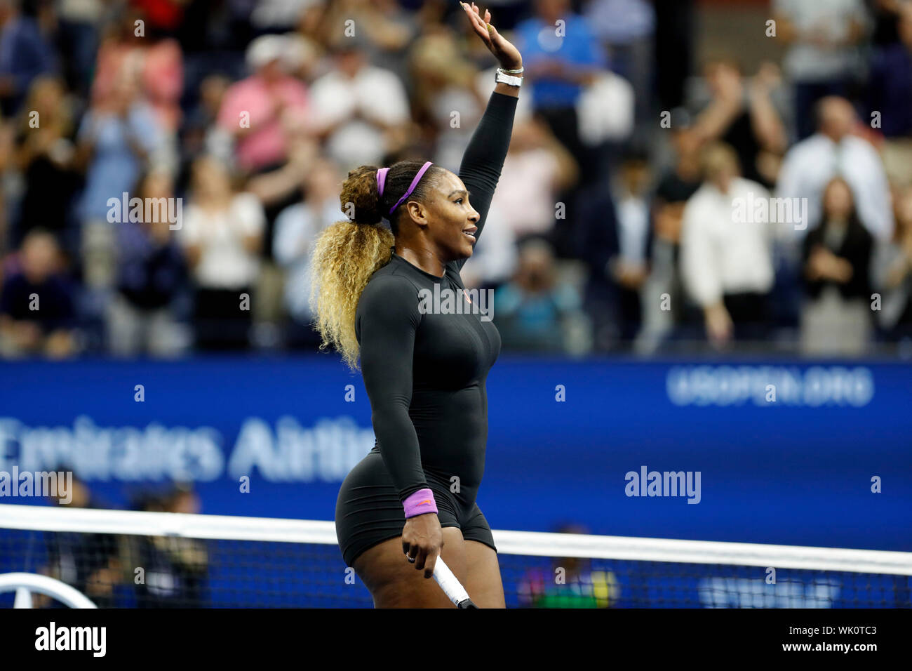 New York, USA. 3rd Sep, 2019. Serena Williams gestures to audience after women's singles quarterfinal match between Wang Qiang of China and Serena Williams of the United States at the 2019 US Open in New York, the United States, Sept. 3, 2019. Credit: Li Muzi/Xinhua/Alamy Live News Stock Photo