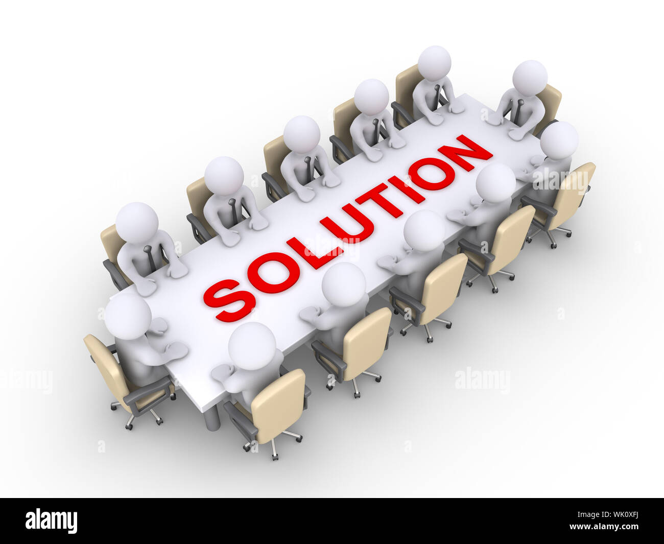 Businessmen sitting across a table with solution word on it Stock Photo