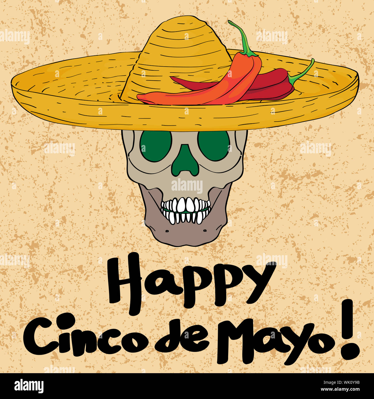 Cinco de mayo hand drawn cartoon illustration of a greeting card with a funny skull with sombrero hat and peppers oven a grungy background Stock Photo
