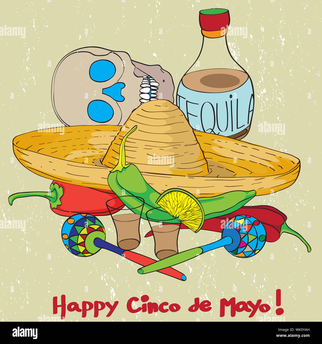 Cinco de mayo hand drawn cartoon illustration of a greeting card composition with mexican traditional elements oven a grungy background Stock Photo