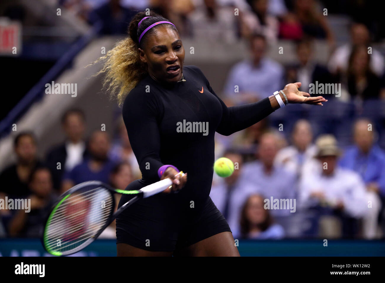 Flushing Meadows, New York, United States - 3 September 2019. Serena Williams strikes a forehand to Wang Qiang of China during their quarter final match at the US Open in Flushing Meadows, New York.   Williams won the match to record her 100th US Open match victory. Credit: Adam Stoltman/Alamy Live News Stock Photo