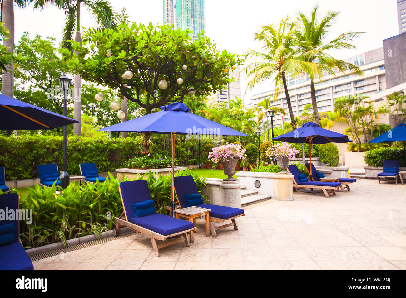 Beautiful view of luxury hotel with an outdoor pool and cafe Stock ...