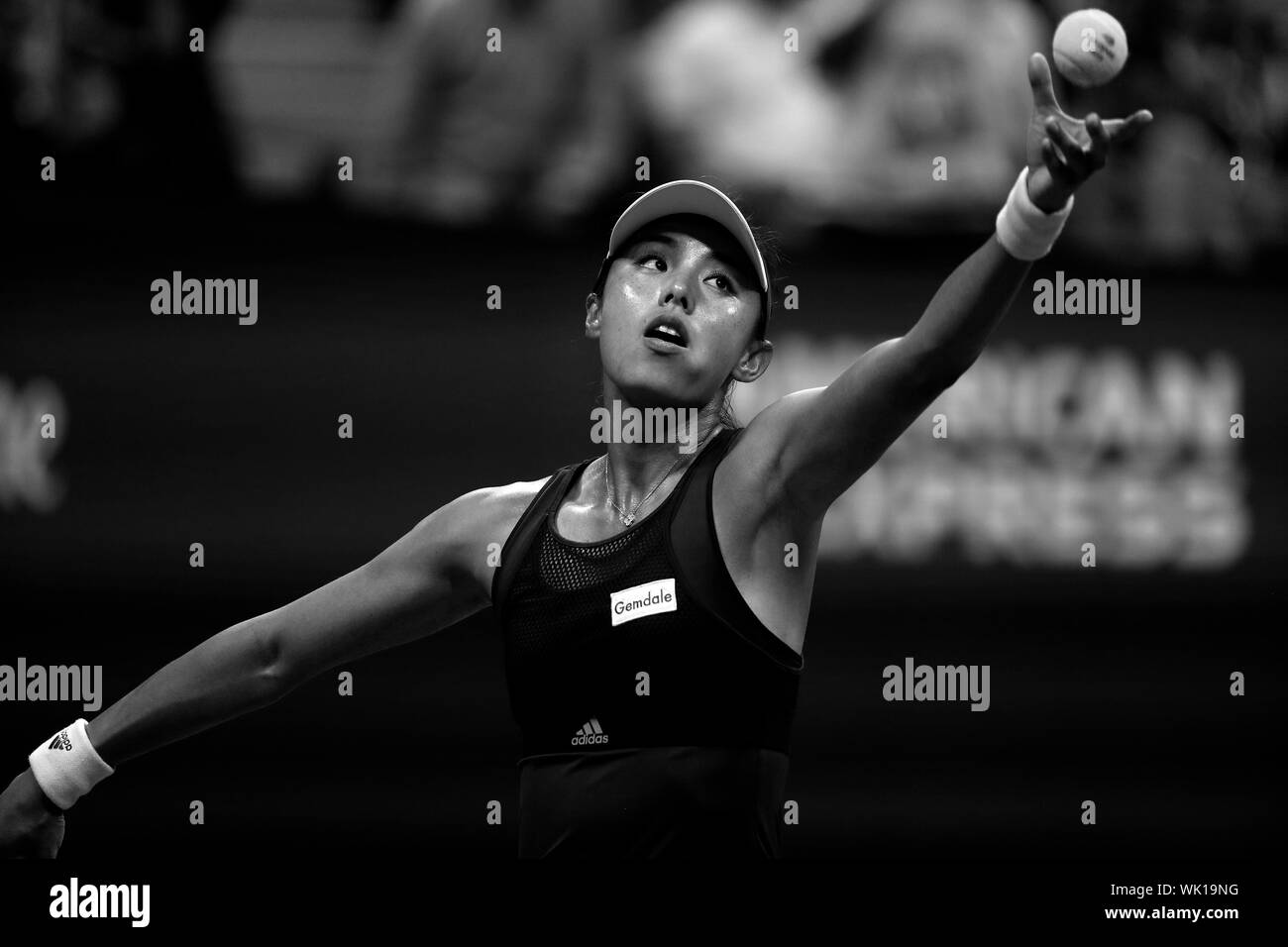 Flushing Meadows, New York, United States - 3 September 2019. Wang Qiang of China serving during her quarter final match against Serena Williams at the US Open in Flushing Meadows, New York.   Williams won the match to record her 100th US Open match victory. Credit: Adam Stoltman/Alamy Live News Stock Photo