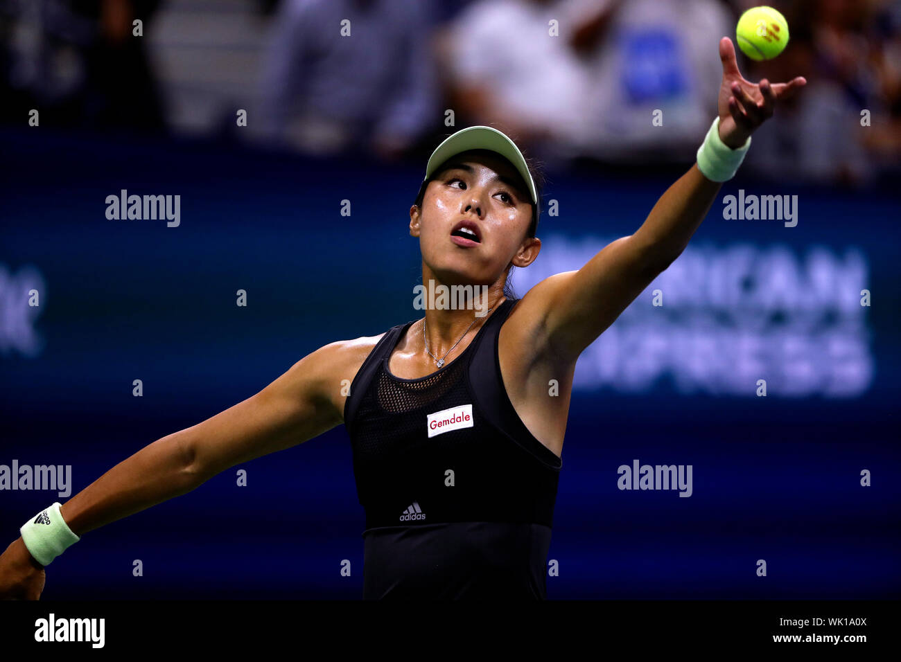 Flushing Meadows, New York, United States - 3 September 2019. Wang Qiang of China serving during her quarter final match against Serena Williams at the US Open in Flushing Meadows, New York.   Williams won the match to record her 100th US Open match victory. Credit: Adam Stoltman/Alamy Live News Stock Photo
