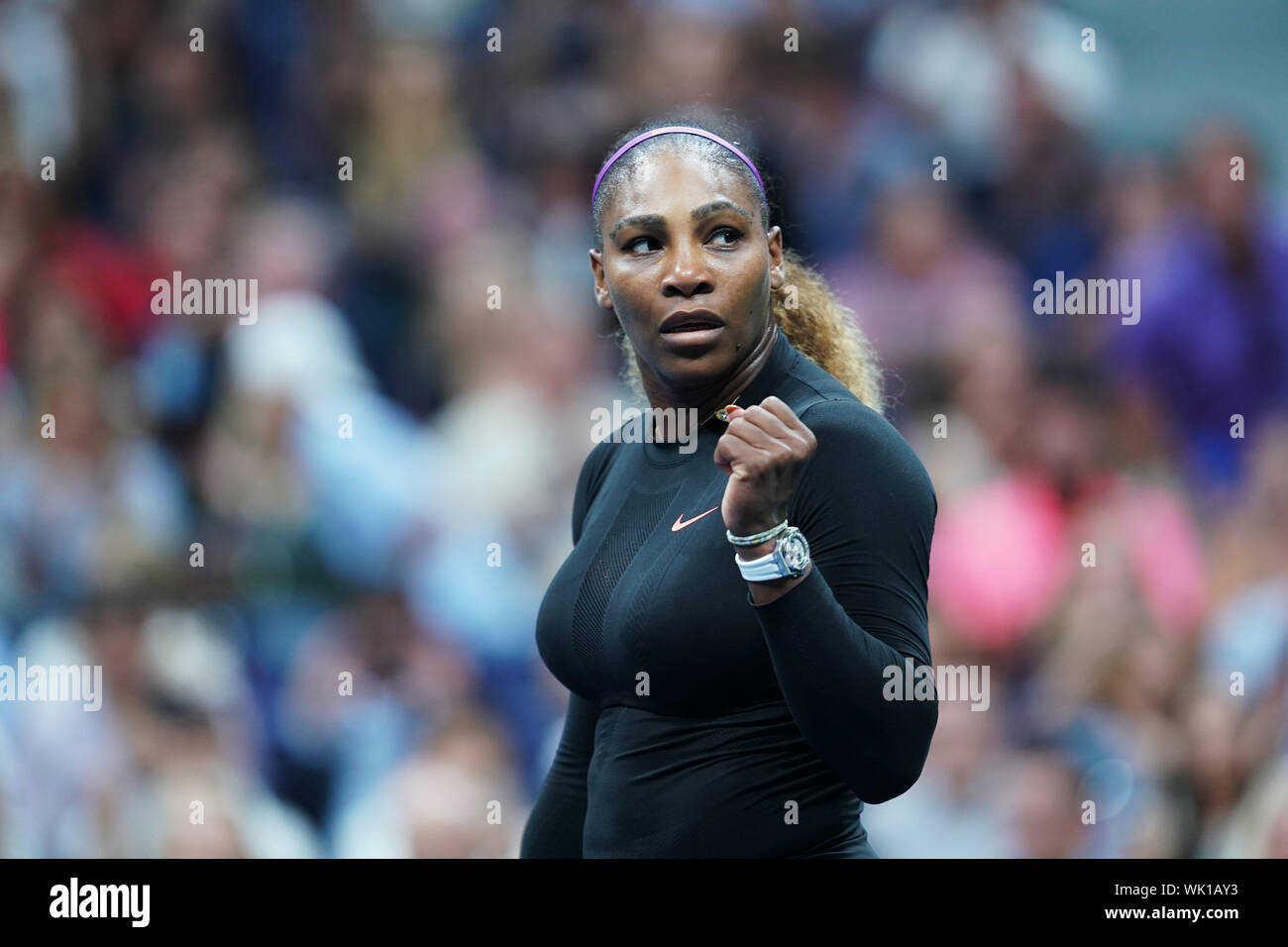 New York, USA. 3rd Sep, 2019. Serena Williams celebrates after women's singles quarterfinal match between Wang Qiang of China and Serena Williams of the United States at the 2019 US Open in New York, the United States, Sept. 3, 2019. Credit: Liu Jie/Xinhua/Alamy Live News Stock Photo