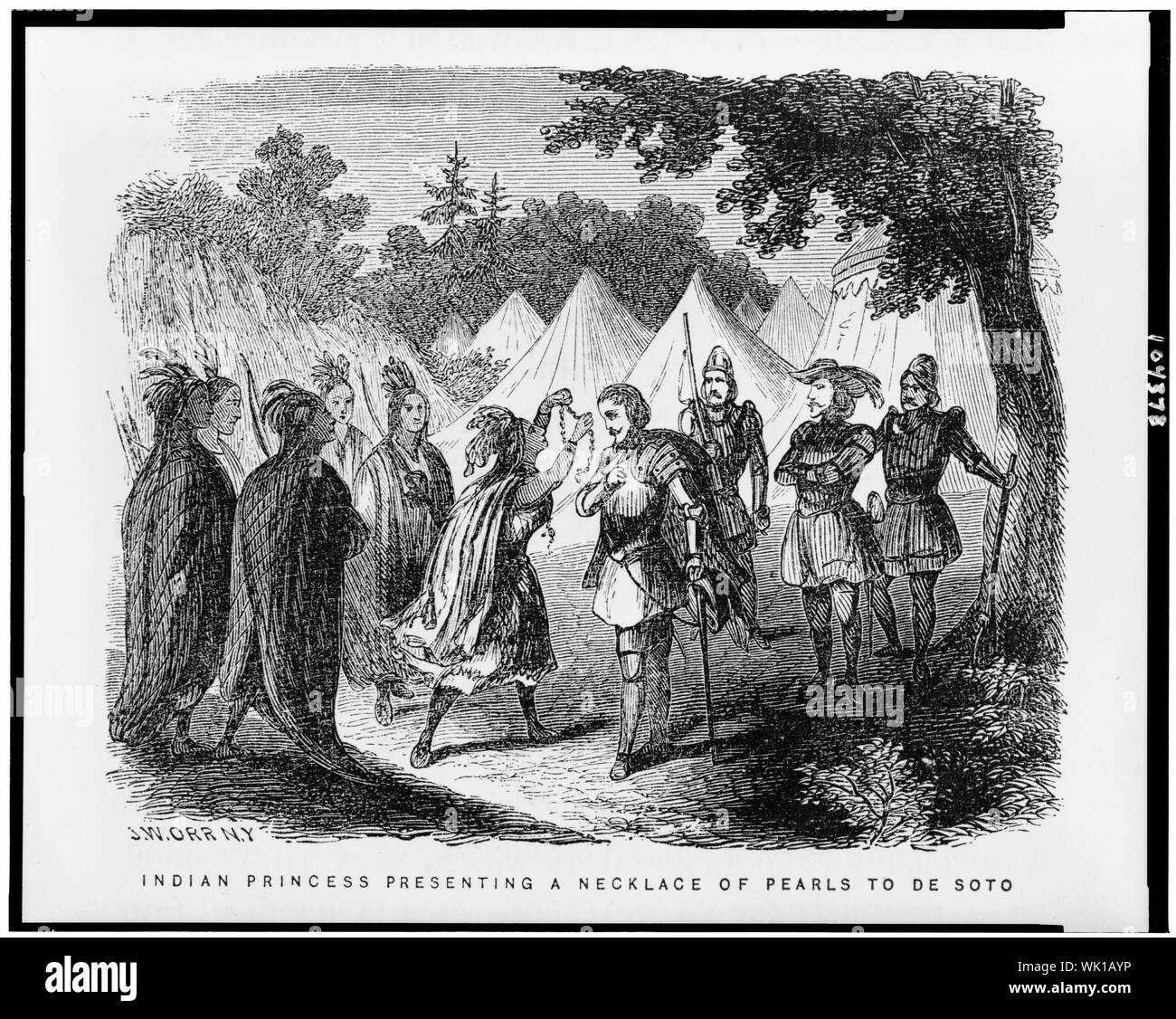 Indian princess presenting a necklace of pearls to de Soto / J.W. Orr, N.Y. Stock Photo