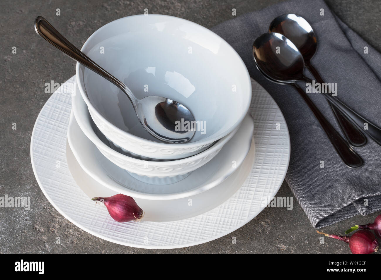 High Angle View Of Empty Bowls And Plate On Table Stock Photo
