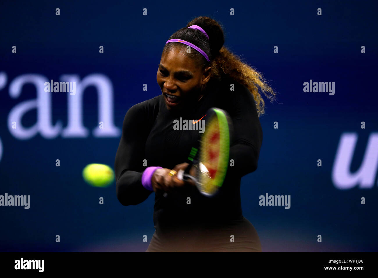 Flushing Meadows, New York, United States - 3 September 2019. Serena Williams strikes a backhand to Wang Qiang of China during their quarter final match at the US Open in Flushing Meadows, New York.   Williams won the match to record her 100th US Open match victory. Credit: Adam Stoltman/Alamy Live News Stock Photo