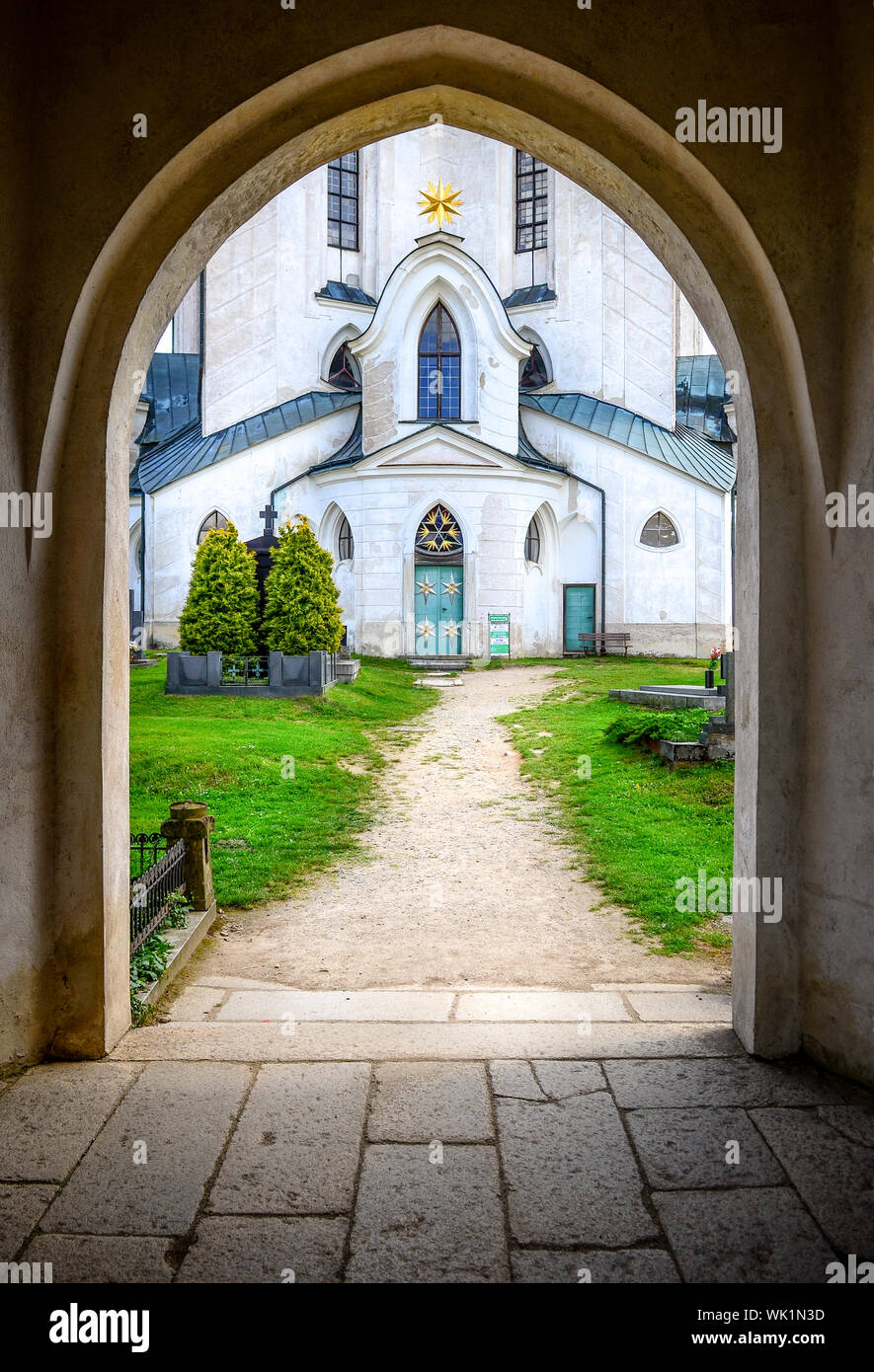 Entrance to St. John Nepomuk church, Moravia, Czech Republic Stock Photo