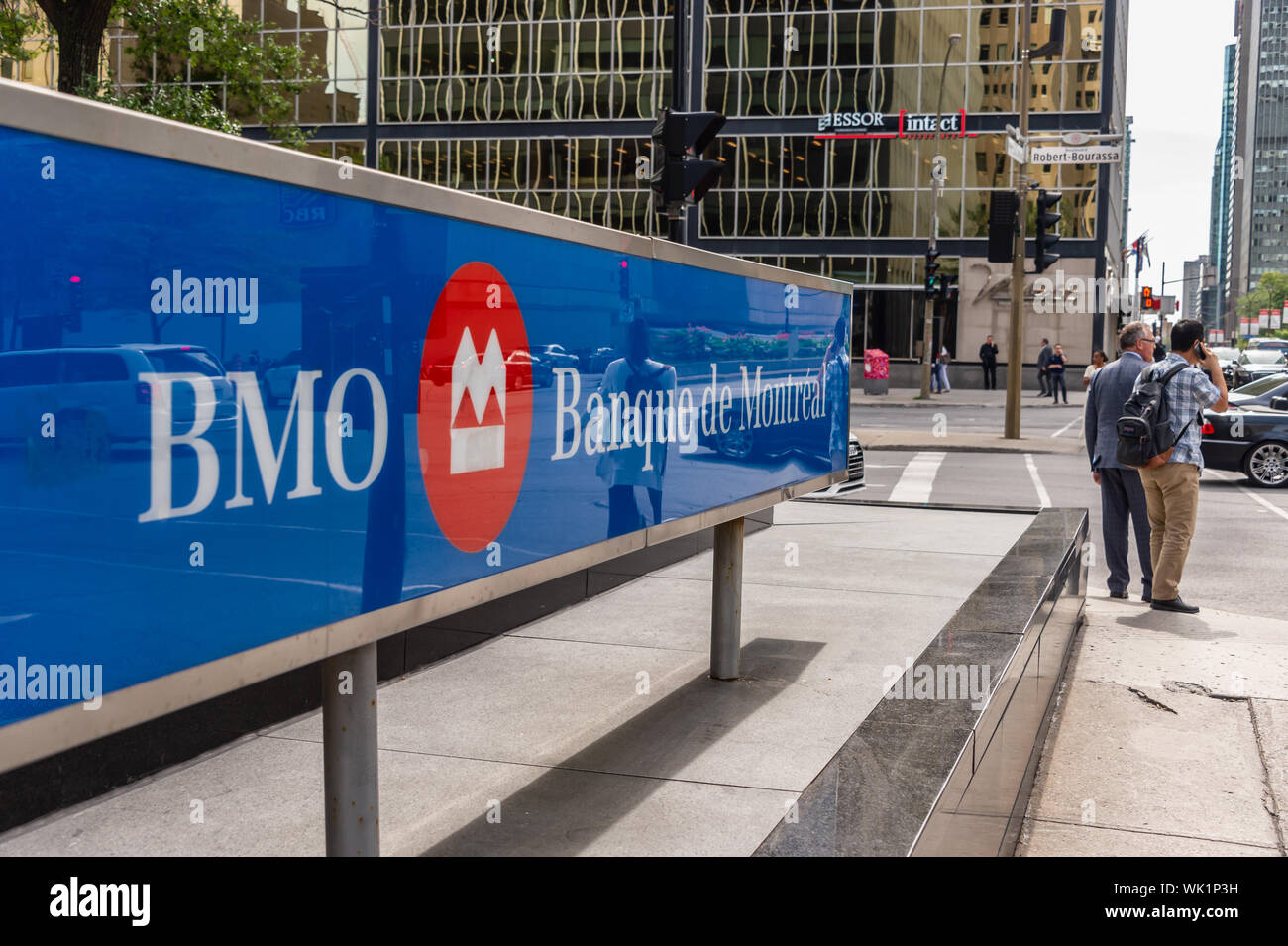 Montreal, CA - 3 September 2019: BMO sign on René Lévesque Boulevard. Stock Photo