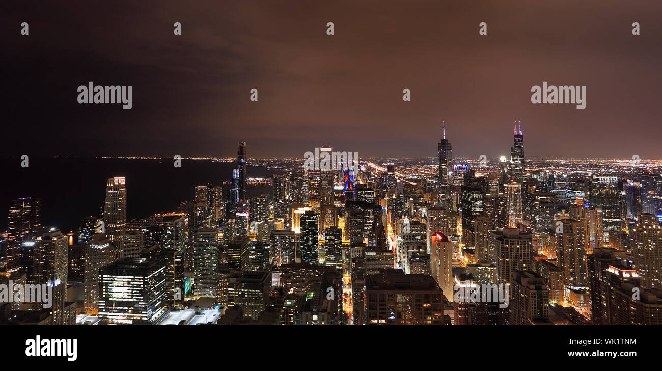 Aerial view of Chicago skyline at night Stock Photo